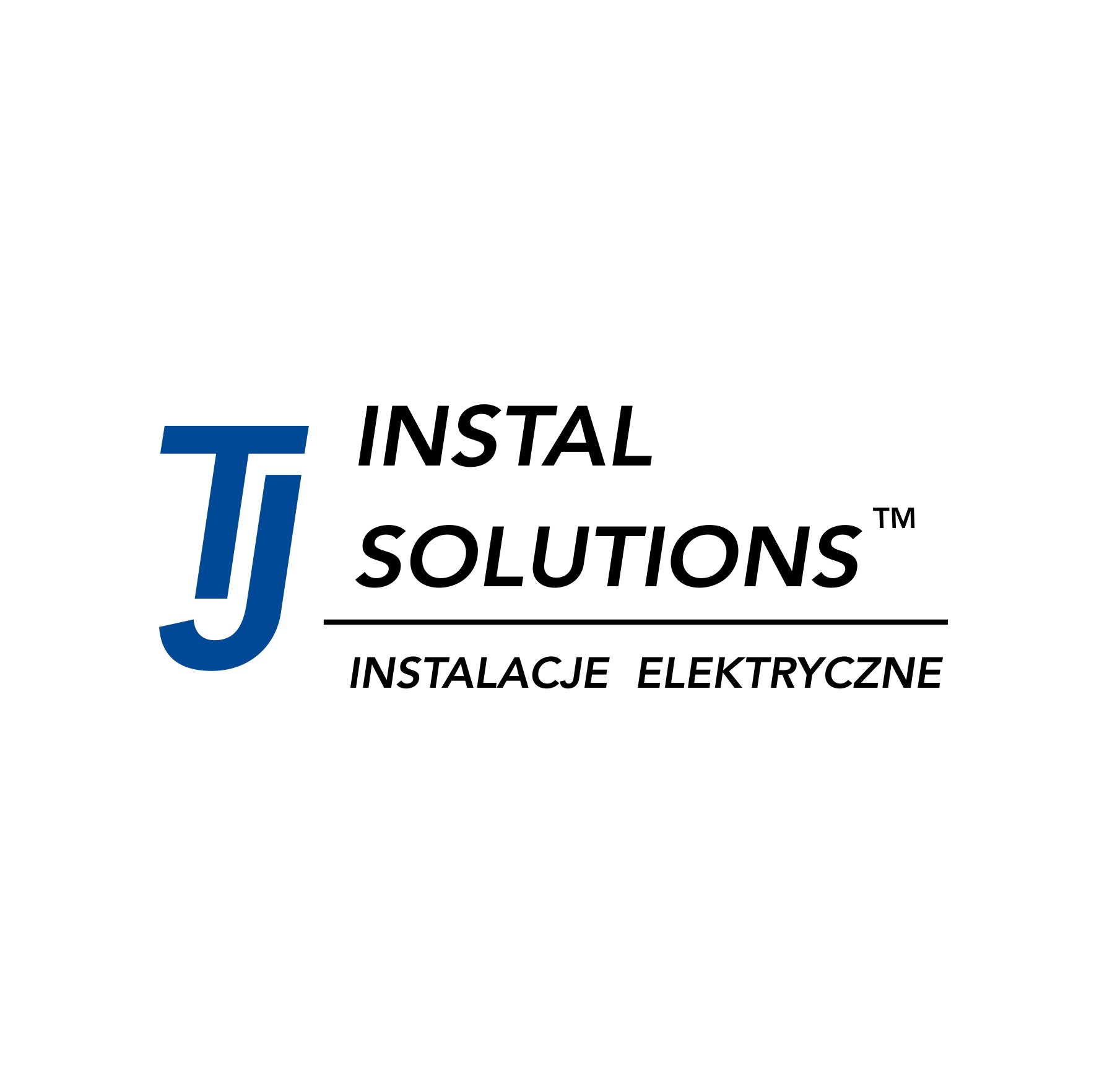 Logo firmy TJ Instal Solutions z niebieskim symbolem graficznym po lewej i czarnym napisem 'INSTAL SOLUTIONS' powyżej 'INSTALACJE ELEKTRYCZNE'.