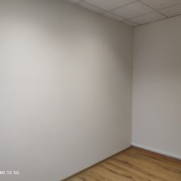 F.u.Pixel Jarosław Proszek - Pomalowane na jasno ściany w rogu pokoju z drewnianą podłogą, widoczne gniazdka elektryczne i sufit kasetonowy.