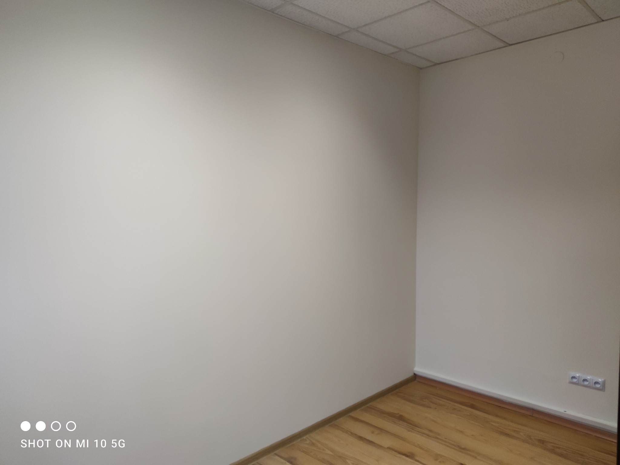 Pomalowane na jasno ściany w rogu pokoju z drewnianą podłogą, widoczne gniazdka elektryczne i sufit kasetonowy.