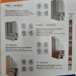 Przekrój poprzeczny profilu okiennego prezentujący konstrukcję wielokomorową, parametry izolacyjne i dostępne kolory wykończeń.