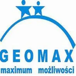 Niebieskie logo firmy GEOMAX z hasłem 'maximum możliwości' i stylizowanymi postaciami na górze, umieszczone na białym tle.