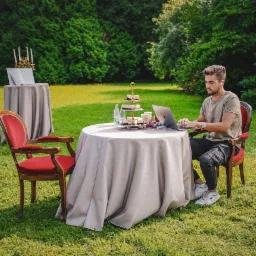 Młody mężczyzna z słuchawkami bezprzewodowymi pracuje na laptopie przy okrągłym stole na trawniku, obok stoi etażerka z przekąskami i napojami, w tle zielony ogród.