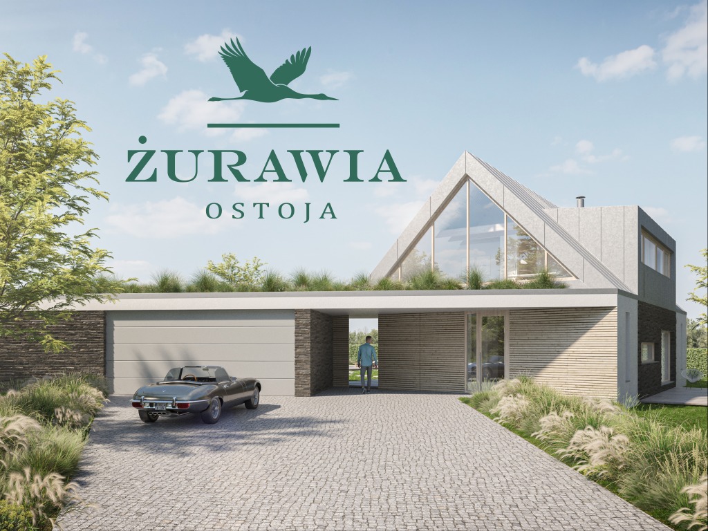 Wizualizacja nowoczesnego domu z płaskim dachem porośniętym zielenią, logo 'Żurawia Ostoja' nad budynkiem, szary Jaguar E-Type na brukowanym podjeździe.