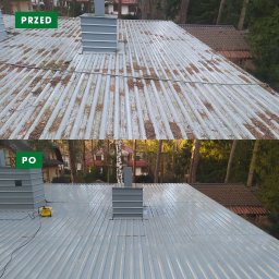 Ostre Cięcie - Zdjęcie dachu z blachy trapezowej, podzielone na dwie części: górna pokazuje dach pokryty igliwiem i zabrudzeniami ('PRZED'), dolna prezentuje ten sam dach po umyciu, czysty i lśniący ('PO'),...