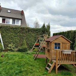 Ostre Cięcie - Przydomowy ogród z drewnianym domkiem dla dzieci na podwyższeniu, huśtawką, żywopłotem z tuj i drabiną opartą o ścianę domu, po przycięciu gałęzi.