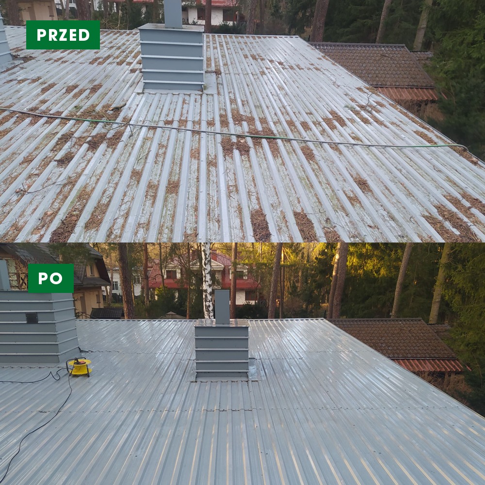 Zdjęcie dachu z blachy trapezowej, podzielone na dwie części: górna pokazuje dach pokryty igliwiem i zabrudzeniami ('PRZED'), dolna prezentuje ten sam dach po umyciu, czysty i lśniący ('PO'),...