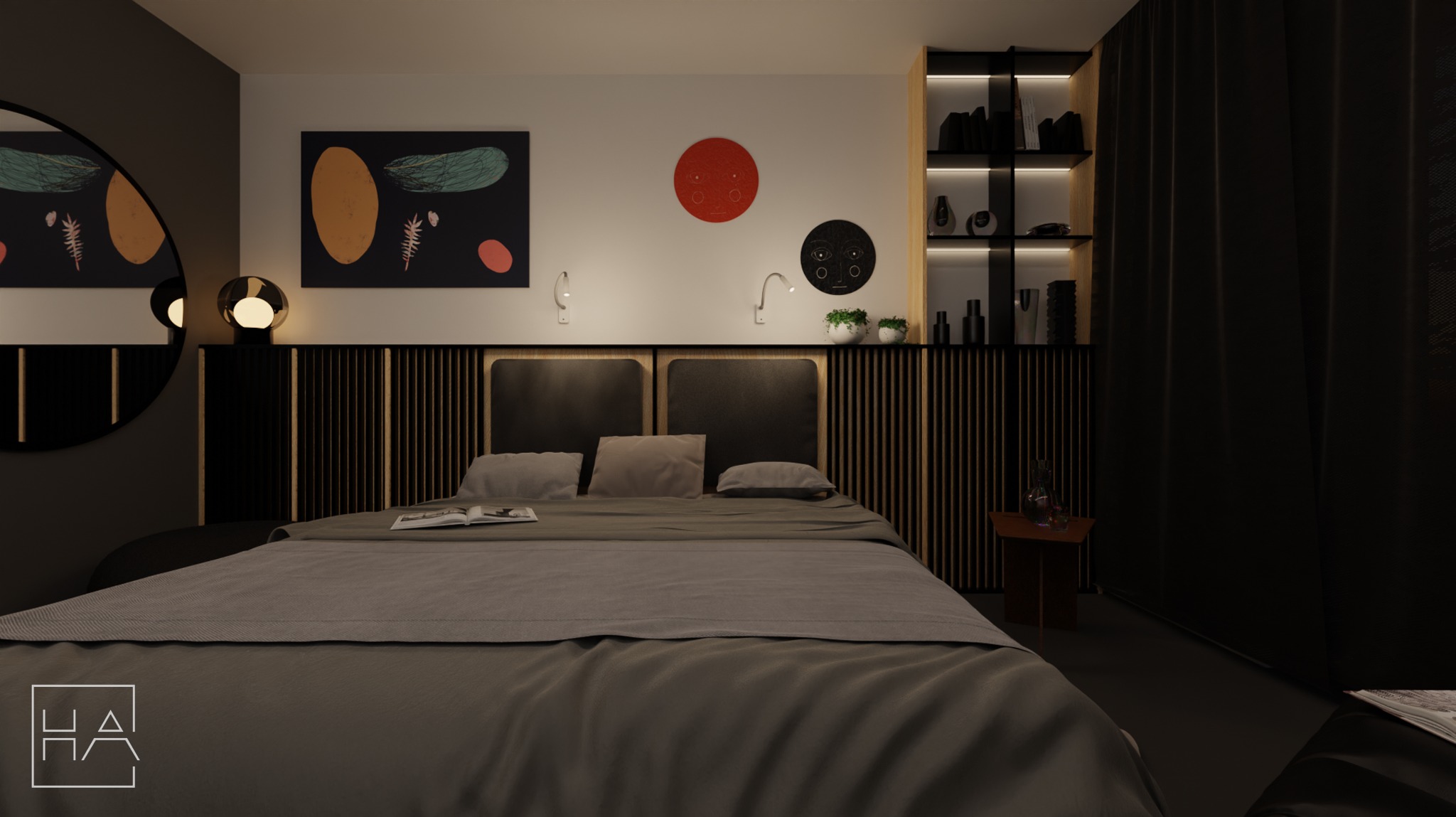 Nowoczesna sypialnia z łóżkiem, panele dekoracyjne za wezgłowiem, okrągłe lustro i półki z oświetleniem. Stonowana kolorystyka, minimalistyczny design.