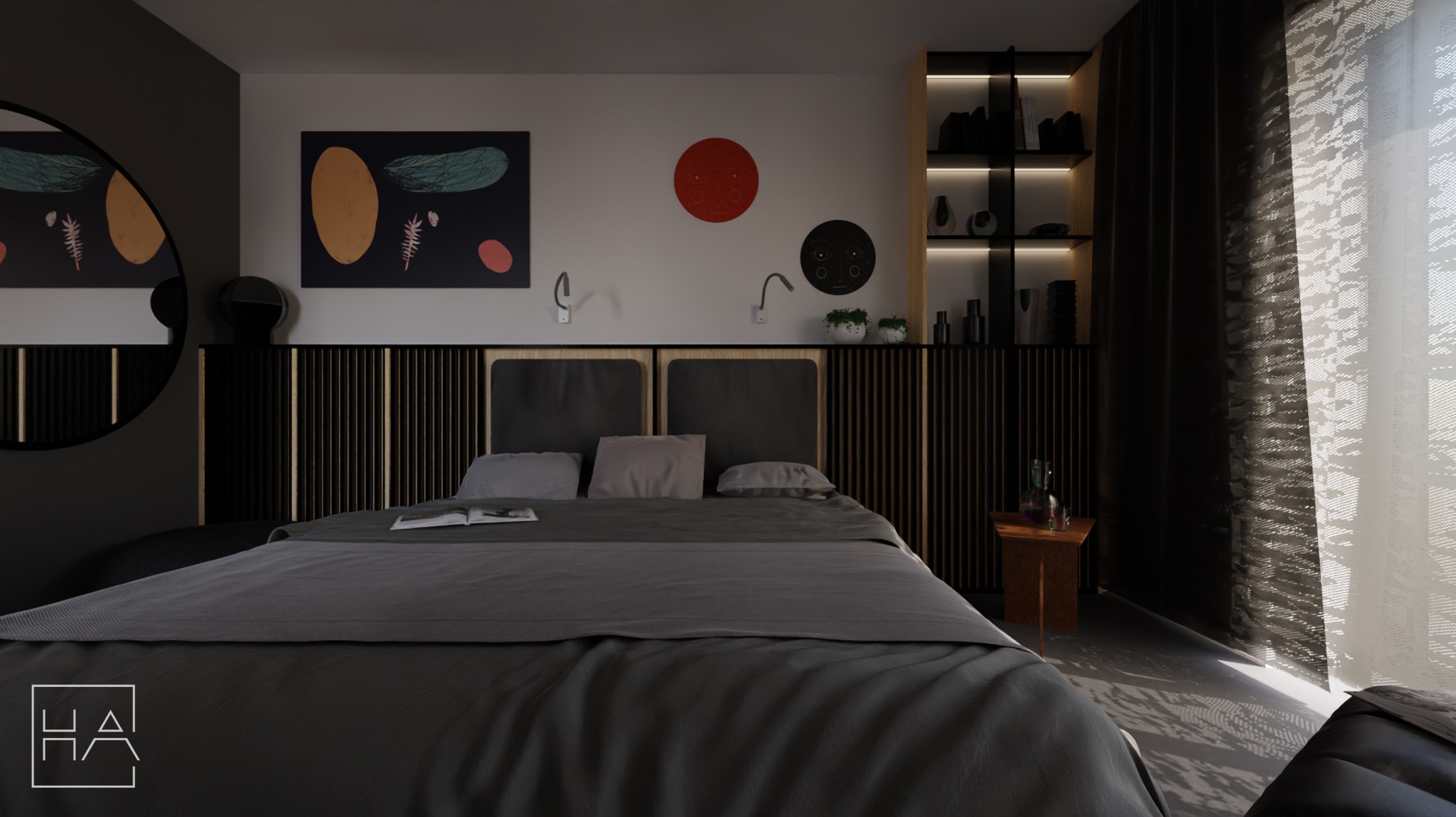 Nowoczesna sypialnia z łóżkiem w odcieniach szarości, drewnianym zagłówkiem i półkami z podświetleniem. Na ścianie abstrakcyjne obrazy i okrągłe lustro.