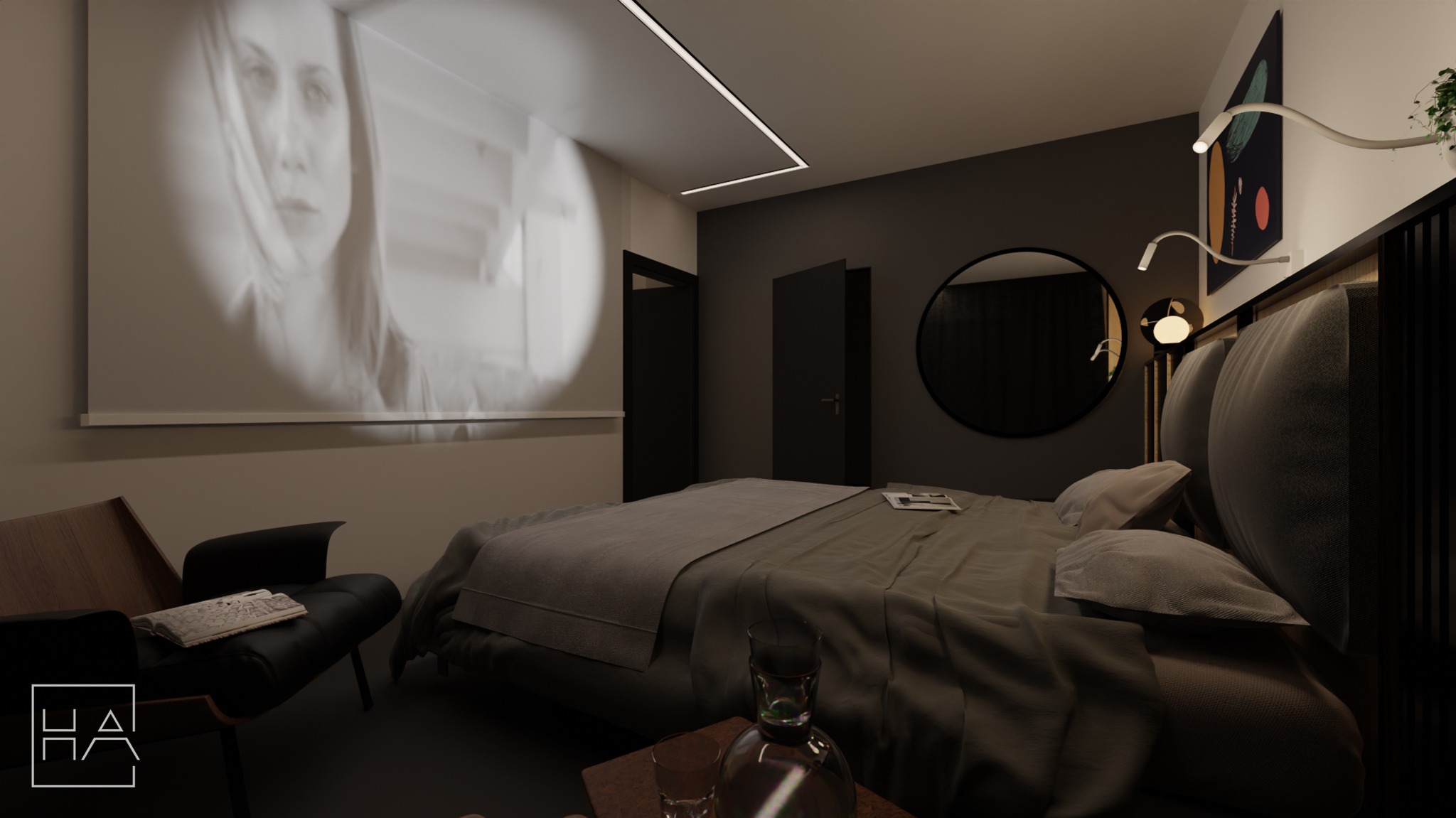 Nowoczesna sypialnia z projektorem wyświetlającym portret na ścianie. Ciemne ściany, okrągłe lustro, designerskie lampki i fotel tworzą przytulną atmosferę.
