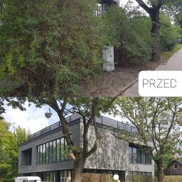 Mariusz Stefan - Zdjęcie typu przed i po: zarośnięty budynek z bujną roślinnością, a następnie budynek po usunięciu nadmiaru zieleni, z widocznym samochodem i furgonetką w tle.