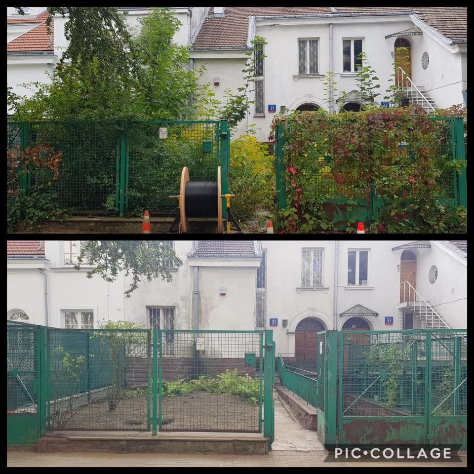 Porównanie stanu ogrodu przed i po: zarośnięty ogród z zielonym ogrodzeniem i szpulą kabla elektrycznego przed budynkiem mieszkalnym, a następnie uporządkowany ogród z widoczną ziemią i zielenią,...