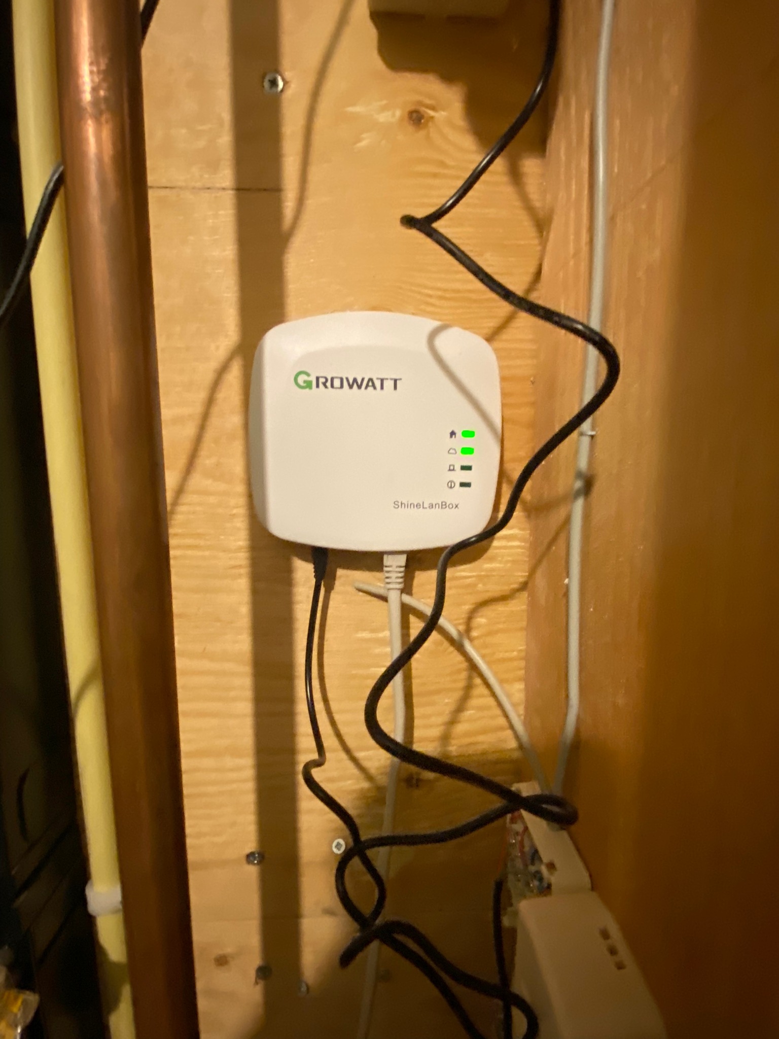 Biały ShineLanBox marki Growatt z dwoma świecącymi się zielonymi diodami LED, zamontowany na drewnianej ścianie obok rur instalacyjnych.