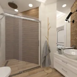 Wizualizacja nowoczesnej łazienki we Wrocławiu z kabiną prysznicową typu walk-in, umywalką nablatową na białej szafce, drewnopodobnymi płytkami i heksagonalną mozaiką na ścianie...