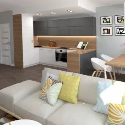 Wizualizacja salonu z otwartą kuchnią: biała sofa z dekoracyjnymi poduszkami, drewniany stół z białymi krzesłami, szara zabudowa kuchenna z drewnianym blatem, schody z metalową balustradą...