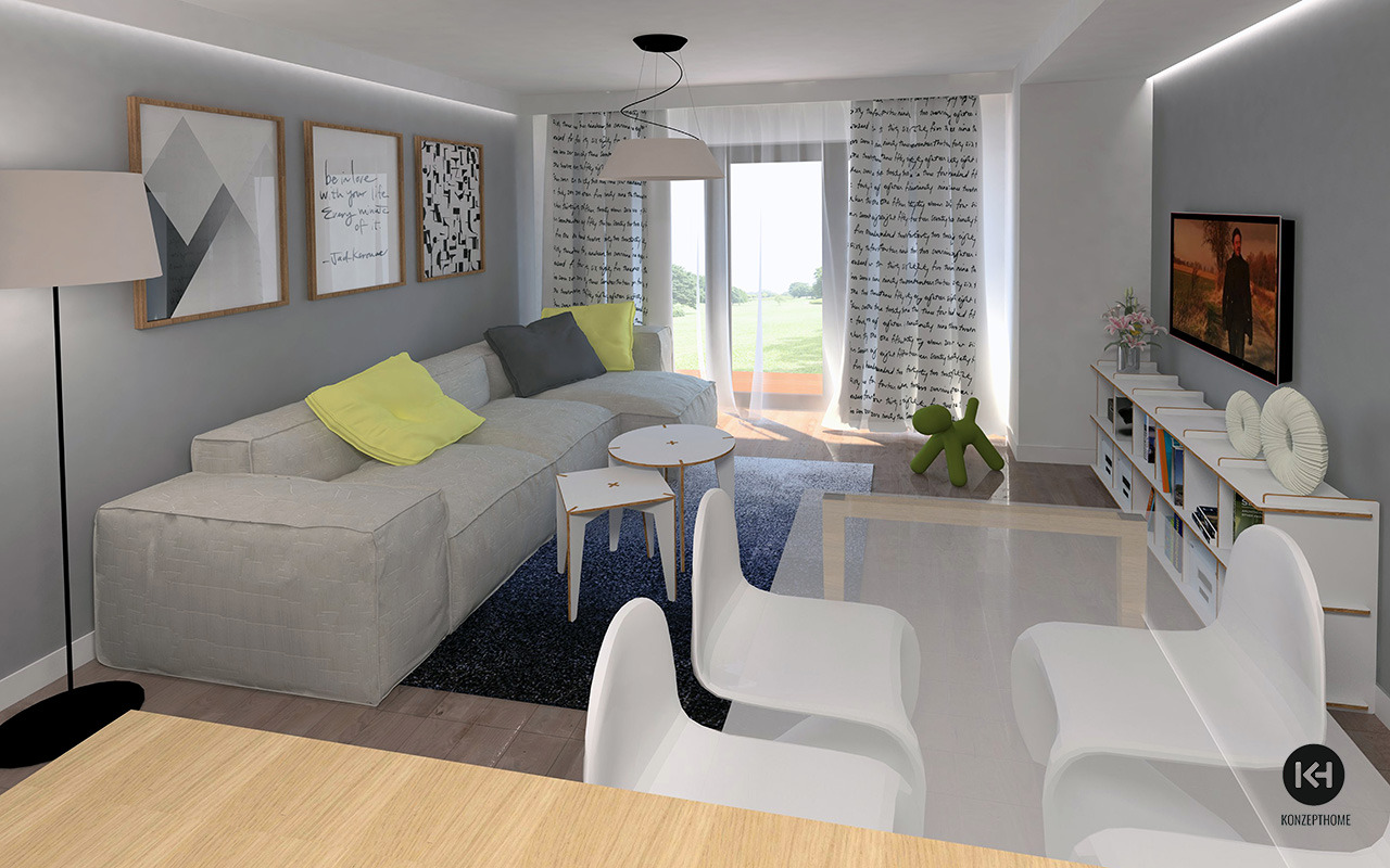 Wizualizacja salonu w szarościach z sofą modułową, stolikami kawowymi, białymi krzesłami, regałem z książkami i dekoracjami ściennymi, oświetlonego lampą wiszącą i światłem dziennym wpadającym...