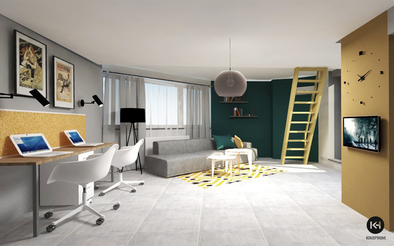 Wizualizacja pokoju z miejscem do pracy: biurko z dwoma laptopami, białe krzesła obrotowe, szara sofa, żółty dywan, drabina na antresolę, ciemnozielona ściana z półkami, zegar ścienny i telewizor.