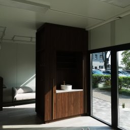 Ewkon - Nowoczesna szafa z ciemnego drewna z umywalką na blacie, złote uchwyty, w jasnym wnętrzu z dużym oknem i widokiem na zewnątrz.