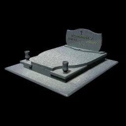 Wizualizacja nagrobka z jasnoszarego granitu z dwoma wazonami po bokach, na czarnym tle.