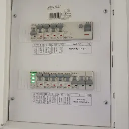 Biała skrzynka elektryczna z bezpiecznikami, opisane obwody, widoczne kontrolki faz i etykiety z opisem gniazd i urządzeń, w tym płyty indukcyjnej w kuchni i zasilania klimatyzacji.