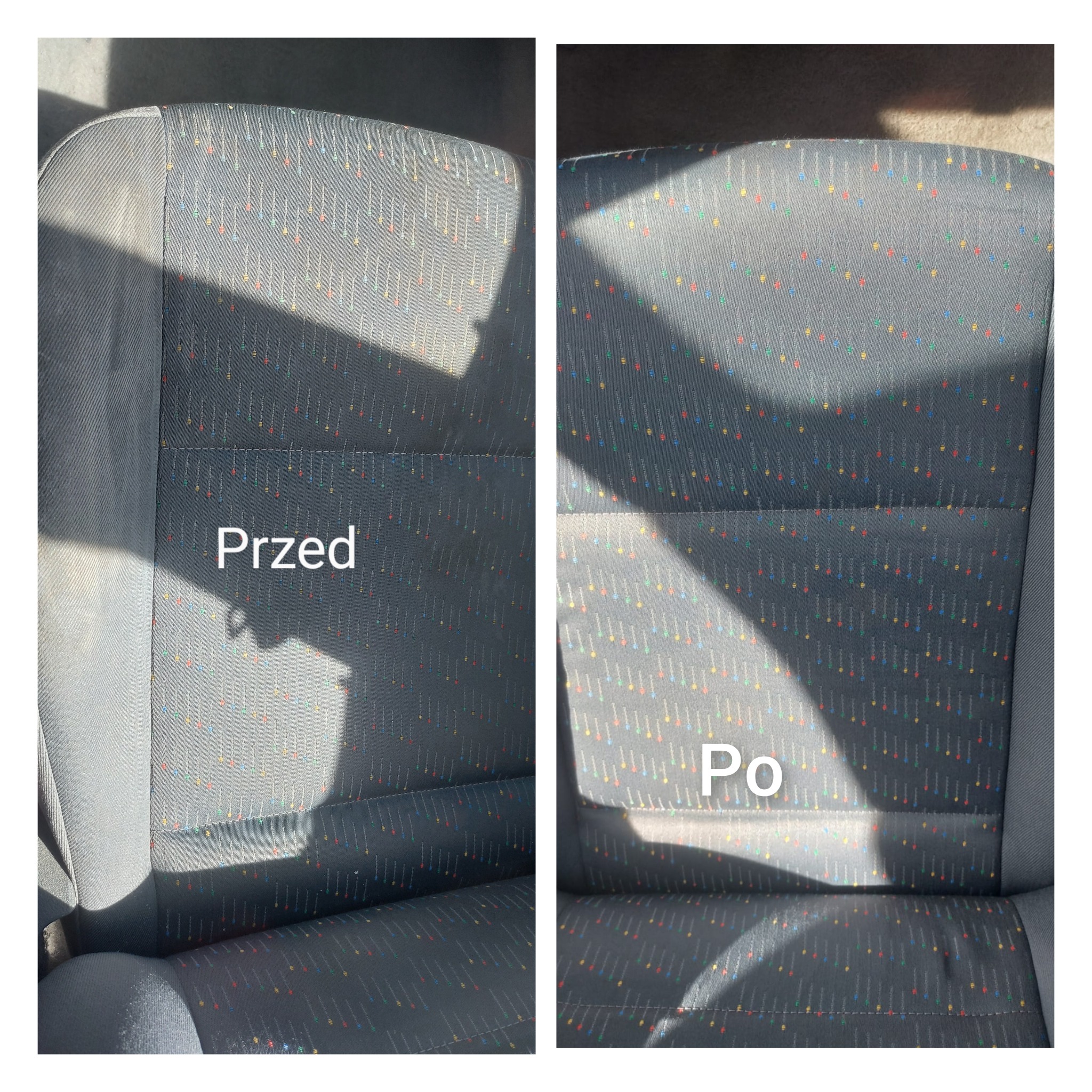 Tapicerka fotela samochodowego w odcieniach szarości z kolorowymi akcentami, widok przed i po czyszczeniu, z wyraźną różnicą w jasności i czystości materiału.