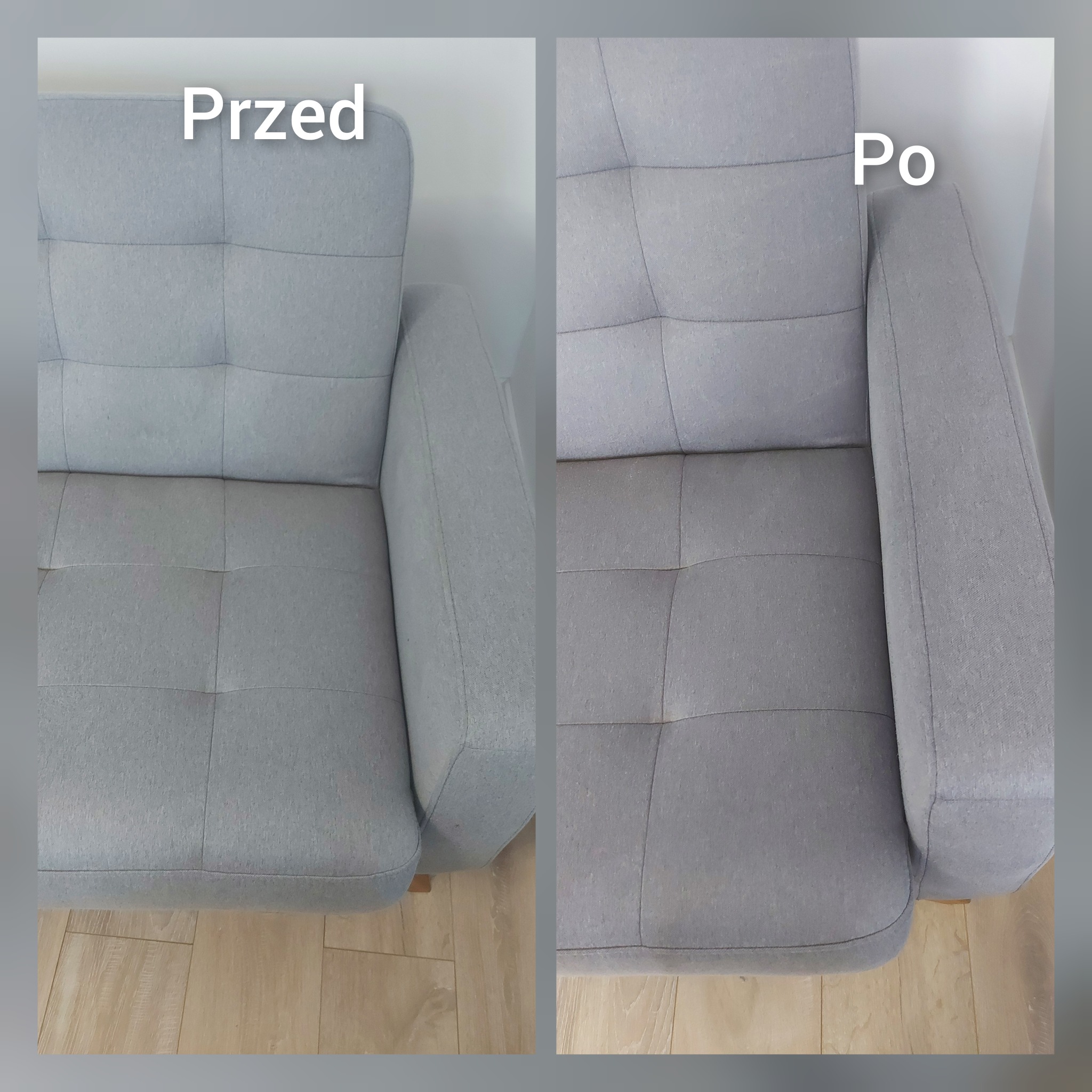 Tapicerowane krzesło w odcieniach szarości, podzielone na dwie części: 'Przed' z widocznymi plamami i zabrudzeniami oraz 'Po' prezentujące efekt czyszczenia, z wyraźnie jaśniejszą i czystszą...