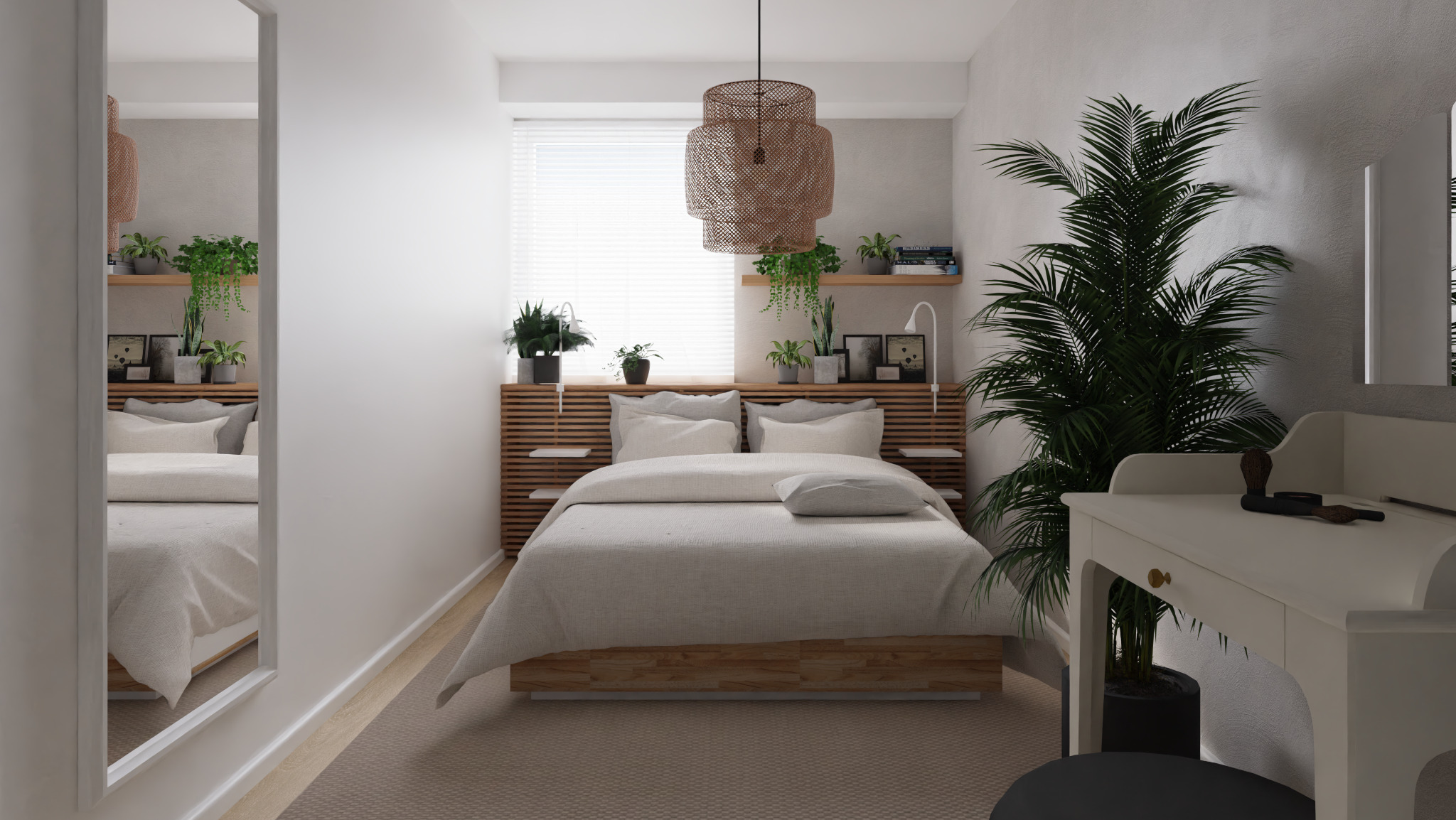 Jasna sypialnia z drewnianym zagłówkiem, rattanową lampą, roślinami doniczkowymi na półkach i toaletką z akcesoriami.