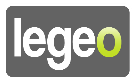 Logo firmy Legeo z nazwą na szarym tle, litera 'o' w nazwie w kolorze jasnozielonym.