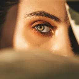 Portret oka z brązowym cieniem i precyzyjnie ułożonymi brwiami, oświetlonego bocznym światłem