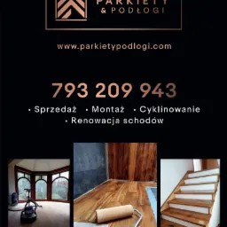 Plakat reklamowy firmy parkieciarskiej z logo, numerem telefonu, adresem strony internetowej oraz trzema zdjęciami: maszyna do obróbki parkietu w pomieszczeniu z oknami wykuszowymi, wałek malarski...