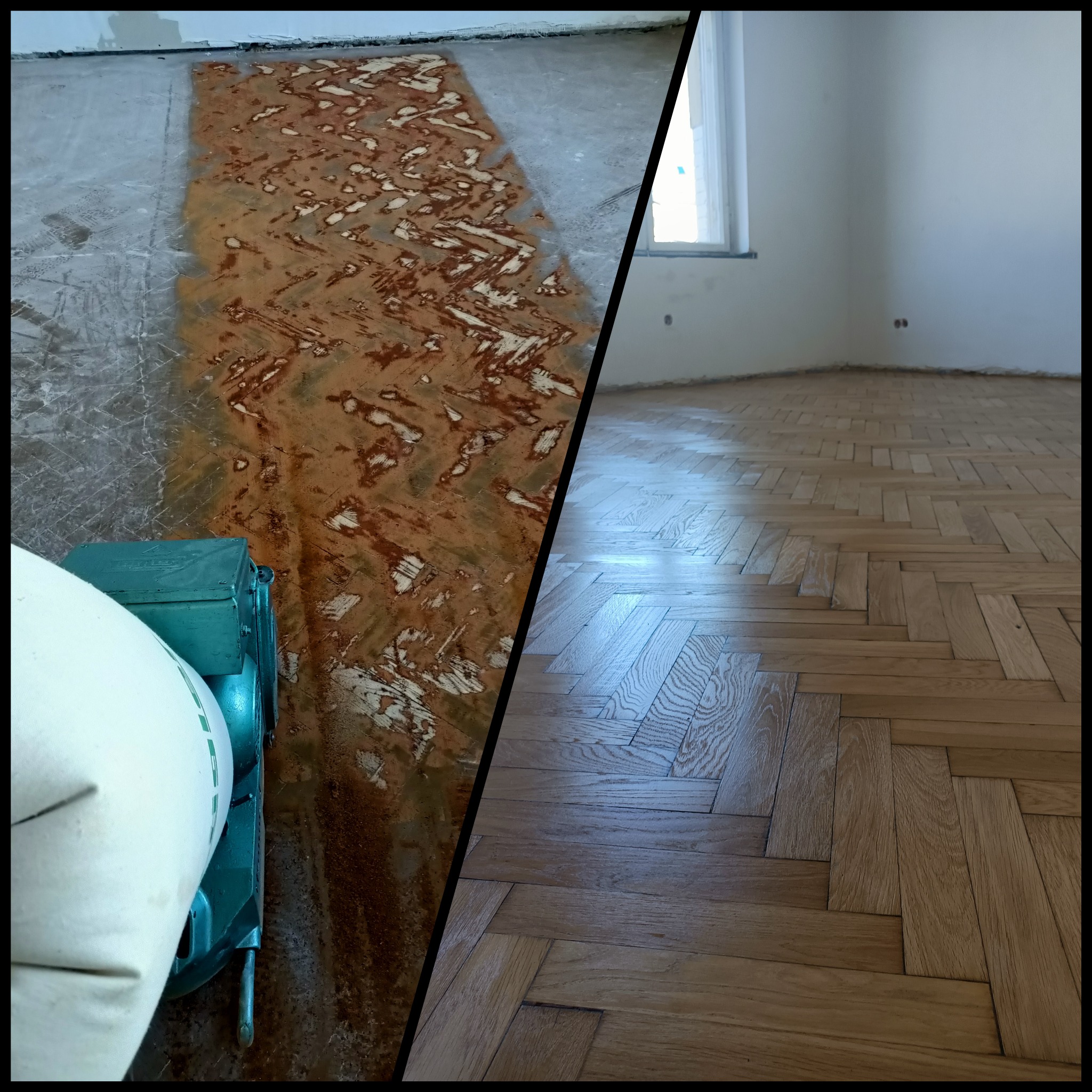 Porównanie stanu podłogi przed i po renowacji: z lewej strony stara, zniszczona podłoga z resztkami kleju i farby, z prawej odnowiony parkiet ułożony w jodełkę, widoczne okno i ściana
