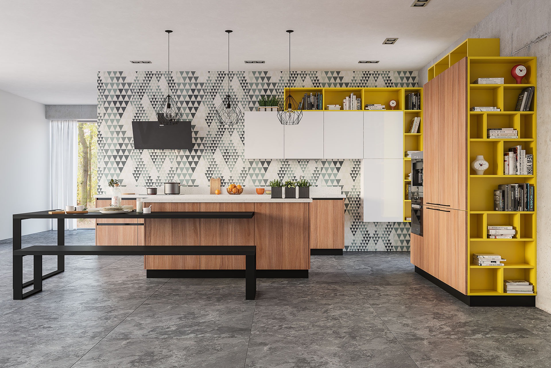 Nowoczesna kuchnia z drewnianymi frontami, białymi szafkami wiszącymi i żółtymi regałami, uzupełniona czarnym stołem z ławką i geometryczną tapetą w tle.
