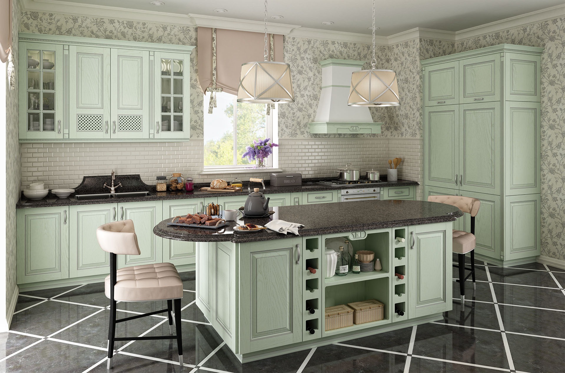 Klasyczna kuchnia w pastelowej zieleni z wyspą i czarnym blatem, dekoracyjna tapeta w kwiaty, wiszące lampy z abażurami, czarno-biała podłoga w szachownicę.