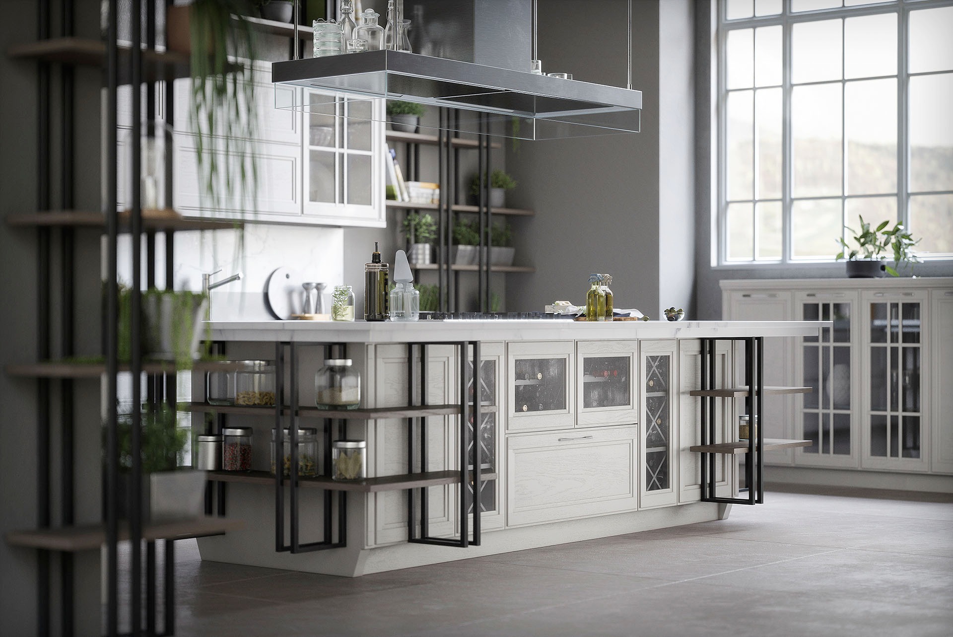 Nowoczesna, jasna kuchnia z wyspą, wyposażona w szklane szafki na wino i metalowe regały na przyprawy, oświetlona naturalnym światłem z dużego okna.