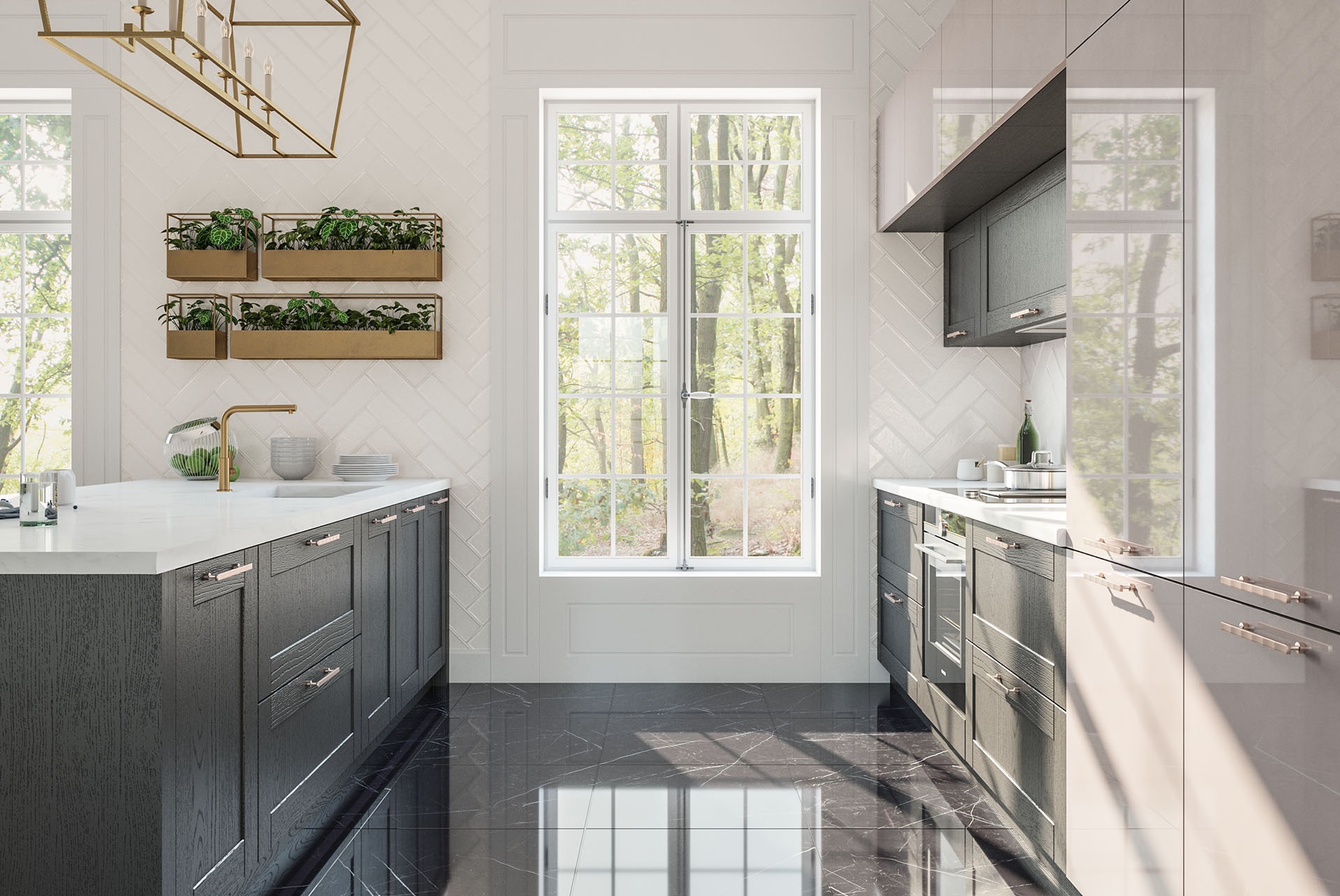 Elegancka kuchnia z ciemnymi, drewnianymi szafkami i białym blatem, uzupełniona o złote akcenty, takie jak bateria i wiszące doniczki z roślinami. Widok na okno z zielenią w tle.
