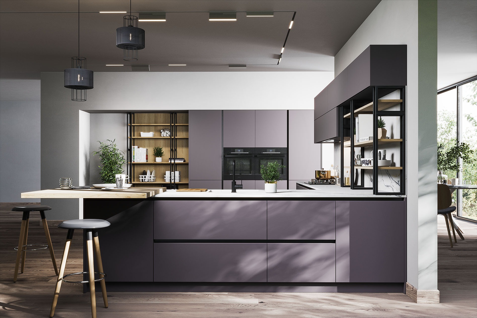 Nowoczesna kuchnia w odcieniach fioletu i szarości z drewnianymi akcentami, oświetleniem punktowym i wyspą z hokerami.