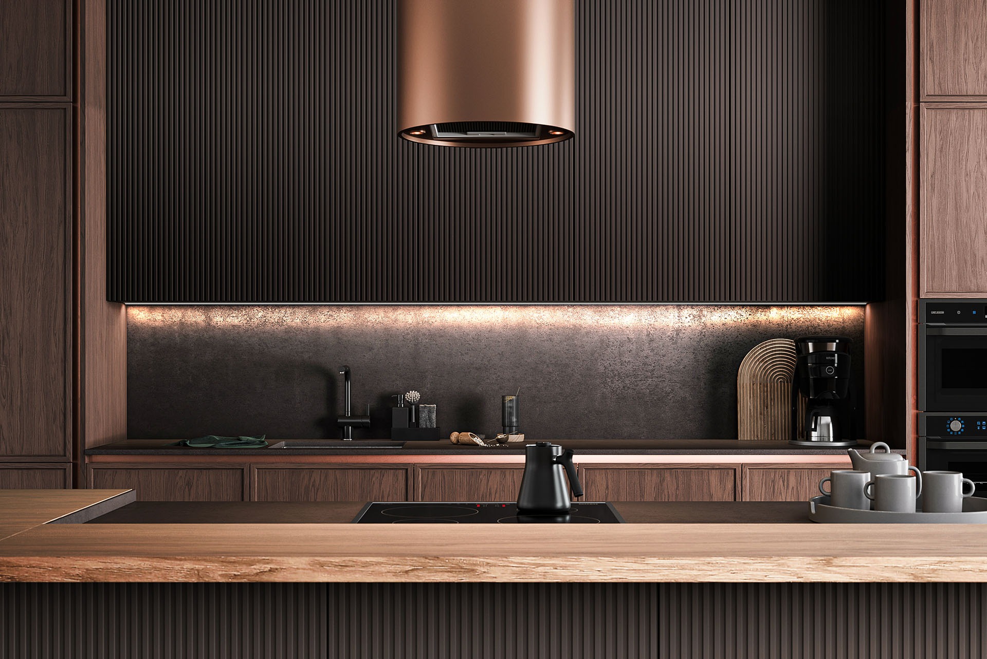 Nowoczesna kuchnia w ciemnych odcieniach brązu z drewnianym blatem wyspowym, miedzianym okapem cylindrycznym i oświetleniem LED pod szafkami.