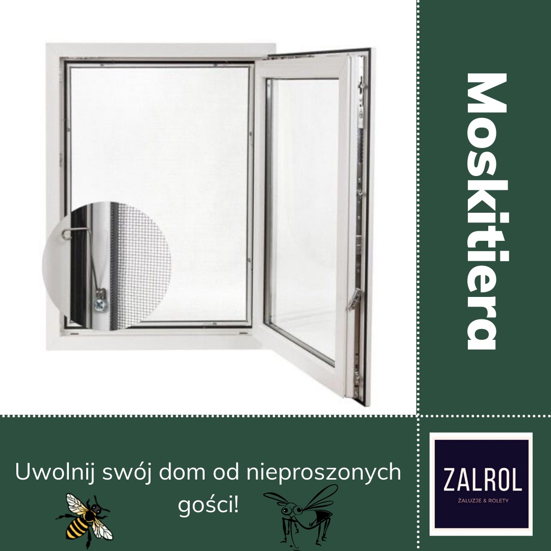 Otwarty biały profil okienny z zamontowaną siatką przeciw owadom, widoczny mechanizm mocowania siatki w powiększeniu, tło reklamowe z logotypem firmy.