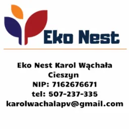 Logo firmy Eko Nest Karol Wąchała z Cieszyna, z trzema liśćmi w kolorach niebieskim, pomarańczowym i czerwonym, oraz danymi kontaktowymi, w tym NIP, numer telefonu i adres e-mail.