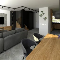 Wizualizacja salonu z szarą sofą, drewnianą szafką RTV pod telewizorem na tle marmurowej ściany, schodami z drewnianymi stopniami, drewnianym stołem z kwiatami w wazonie oraz widokiem na kuchnię...