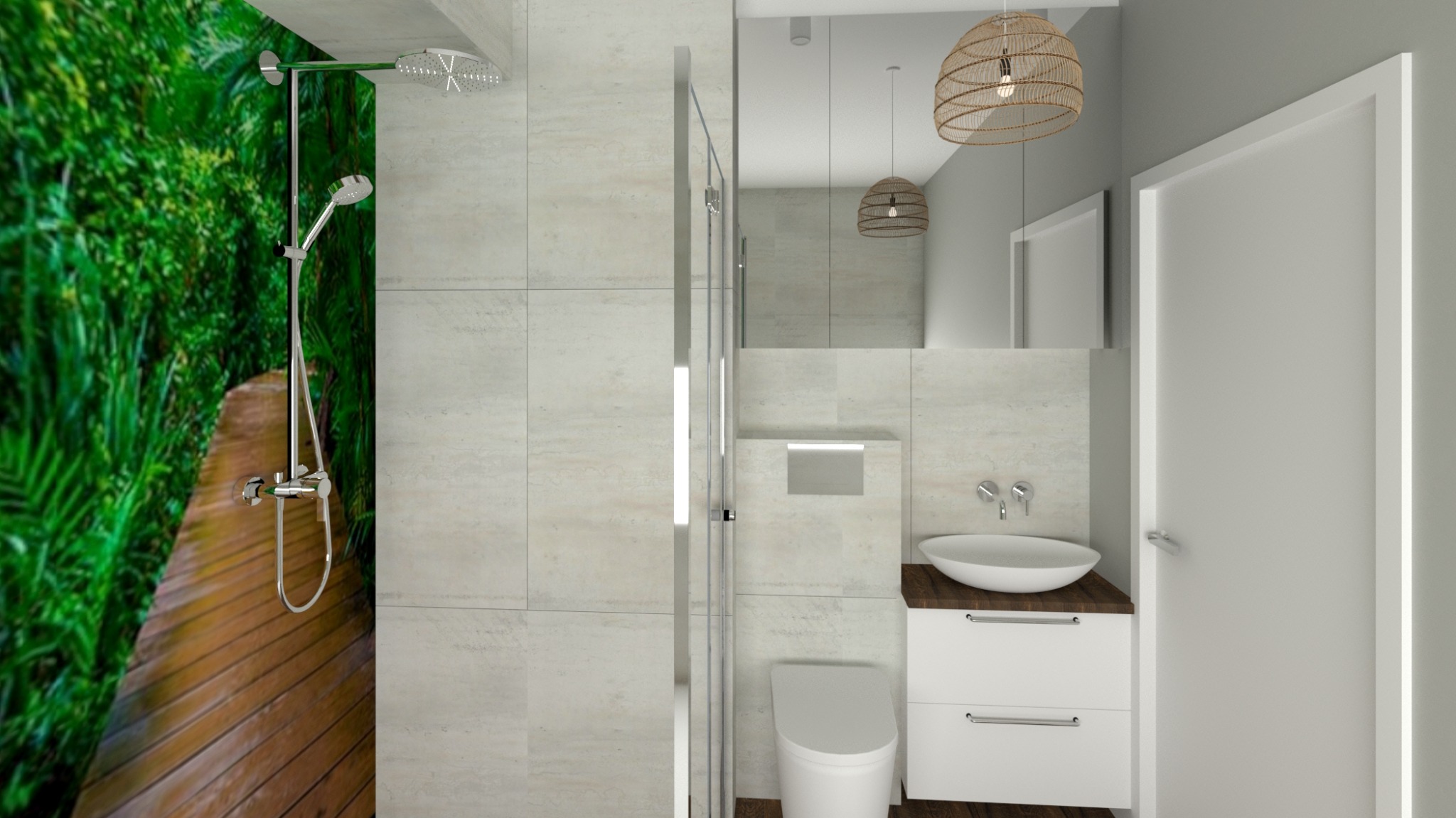 Wizualizacja łazienki z motywem dżungli na ścianie prysznica, okrągła umywalka nablatowa, plecione lampy wiszące i biała armatura.