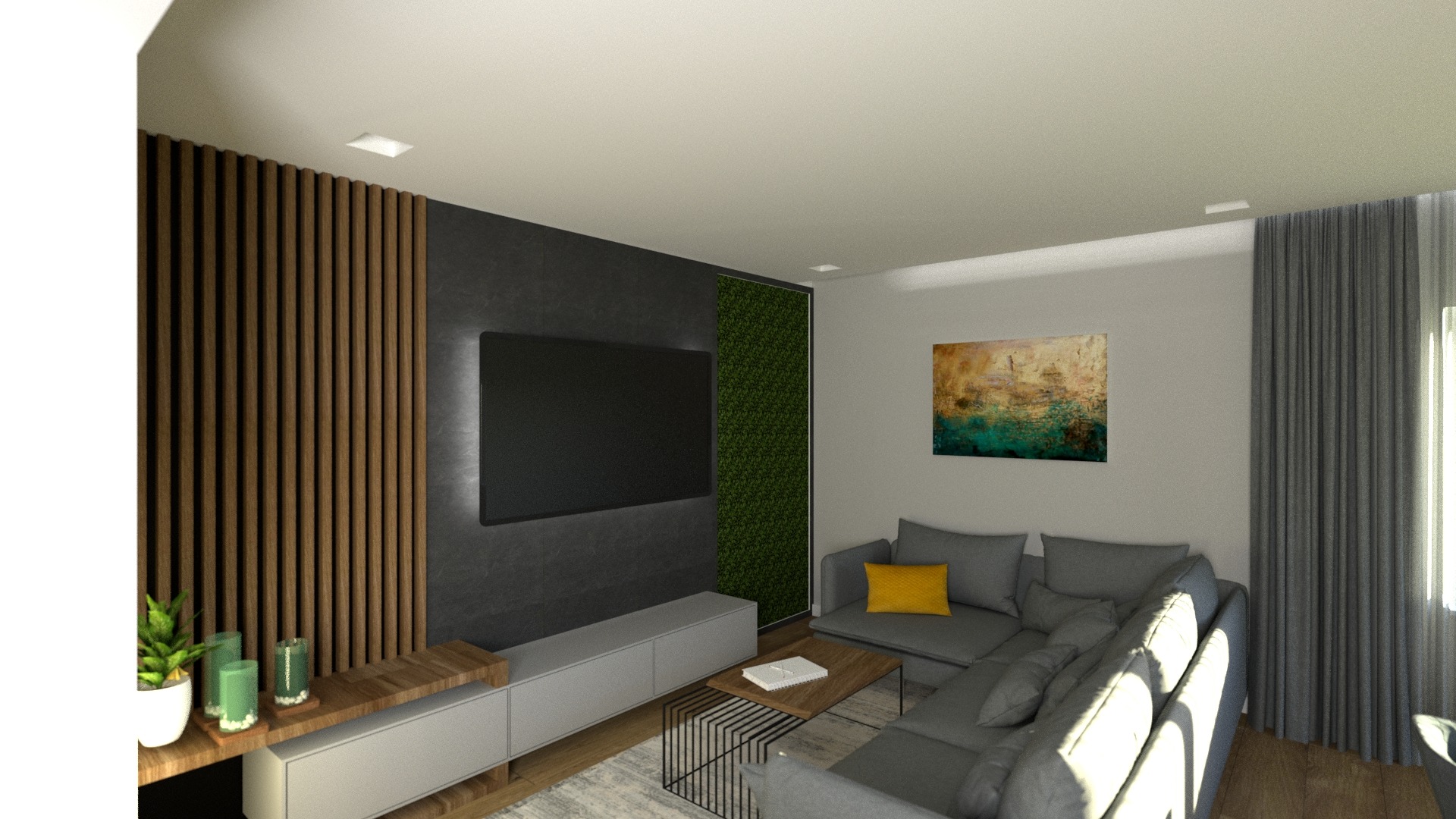 Wizualizacja salonu z szarą sofą narożną, panelem drewnianym i zieloną ścianą z mchu, telewizorem na ścianie z szarego kamienia i abstrakcyjnym obrazem na ścianie.