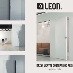 Kolaż prezentujący minimalistyczne, ukryte drzwi w różnych aranżacjach biurowych i domowych, z widocznym logo producenta u góry.