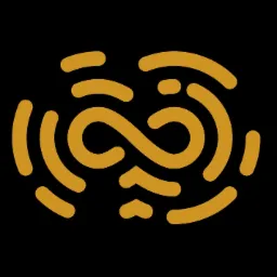 Stylizowany, złoty rysunek na czarnym tle, przypominający odcisk palca z motywem nieskończoności i serc, potencjalne logo firmy.