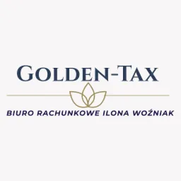 Logo firmy Golden-Tax Biuro Rachunkowe Ilona Woźniak w kolorystyce granatowo-złotej, z graficznym symbolem stylizowanych liści między nazwą firmy.