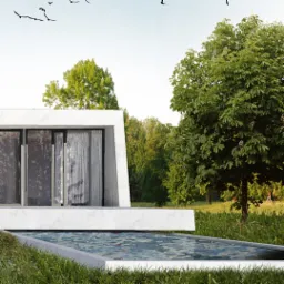 Wizualizacja nowoczesnego, białego domu z dużymi przeszkleniami i płytkim basenem refleksyjnym na pierwszym planie, otoczonego zielenią i drzewami, z sylwetkami ptaków na niebie.