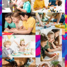 Kompozycja zdjęć przedstawiająca dzieci podczas różnorodnych aktywności kreatywnych: wycinanie, malowanie farbami na papierze i na dłoniach, czytanie książki, przyjęcie urodzinowe z tortem...