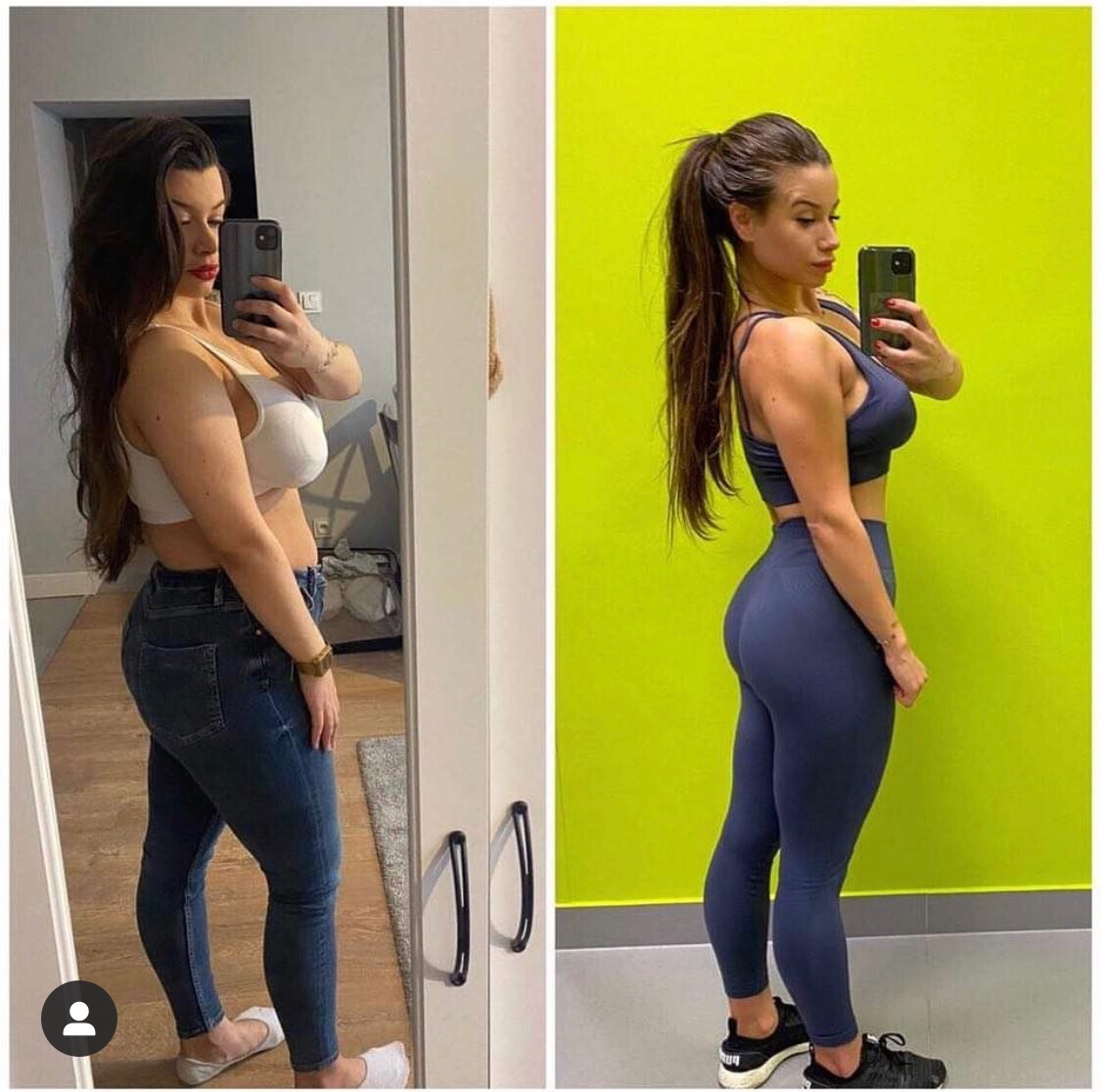 Kobieta fotografuje smartfonem swoją sylwetkę przed i po metamorfozie, widoczne zmiany w wadze i kondycji fizycznej, jeansy i top vs sportowy strój.