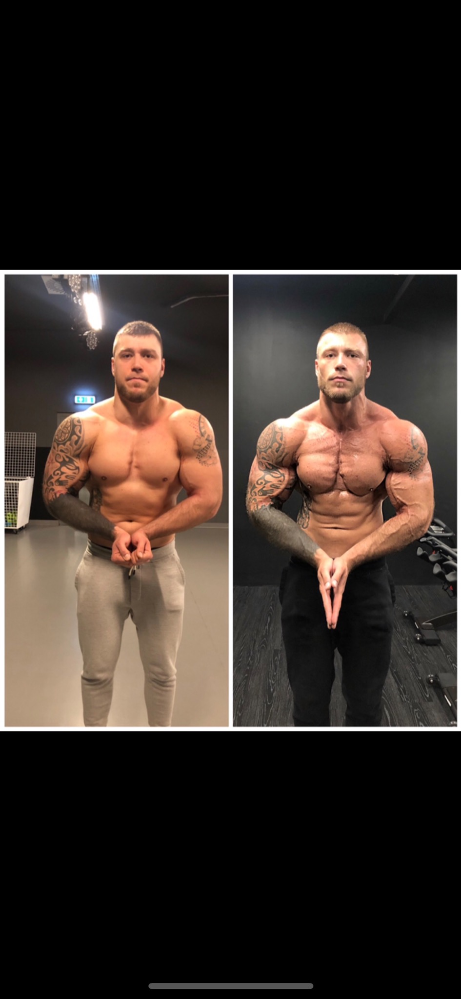 Mężczyzna z tatuażami na ramionach prezentuje transformację sylwetki: po lewej stronie bardziej naturalna budowa, po prawej wyraźnie zwiększona masa mięśniowa z widocznymi żyłami, co sugeruje...