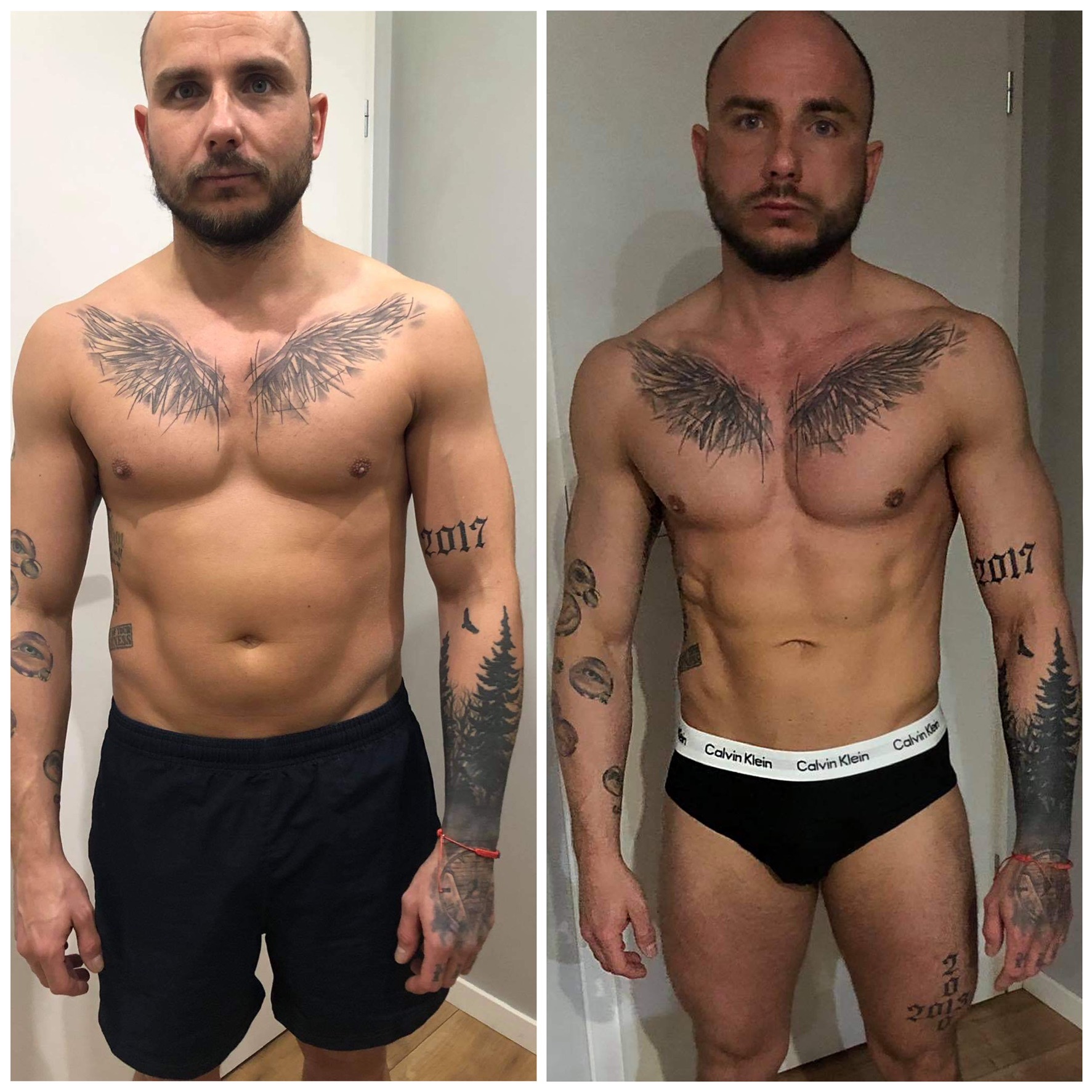 Mężczyzna przed i po metamorfozie sylwetki, widoczne zmiany w redukcji tkanki tłuszczowej i zarysowaniu mięśni, z tatuażem skrzydeł na klatce piersiowej i innymi tatuażami na rękach.