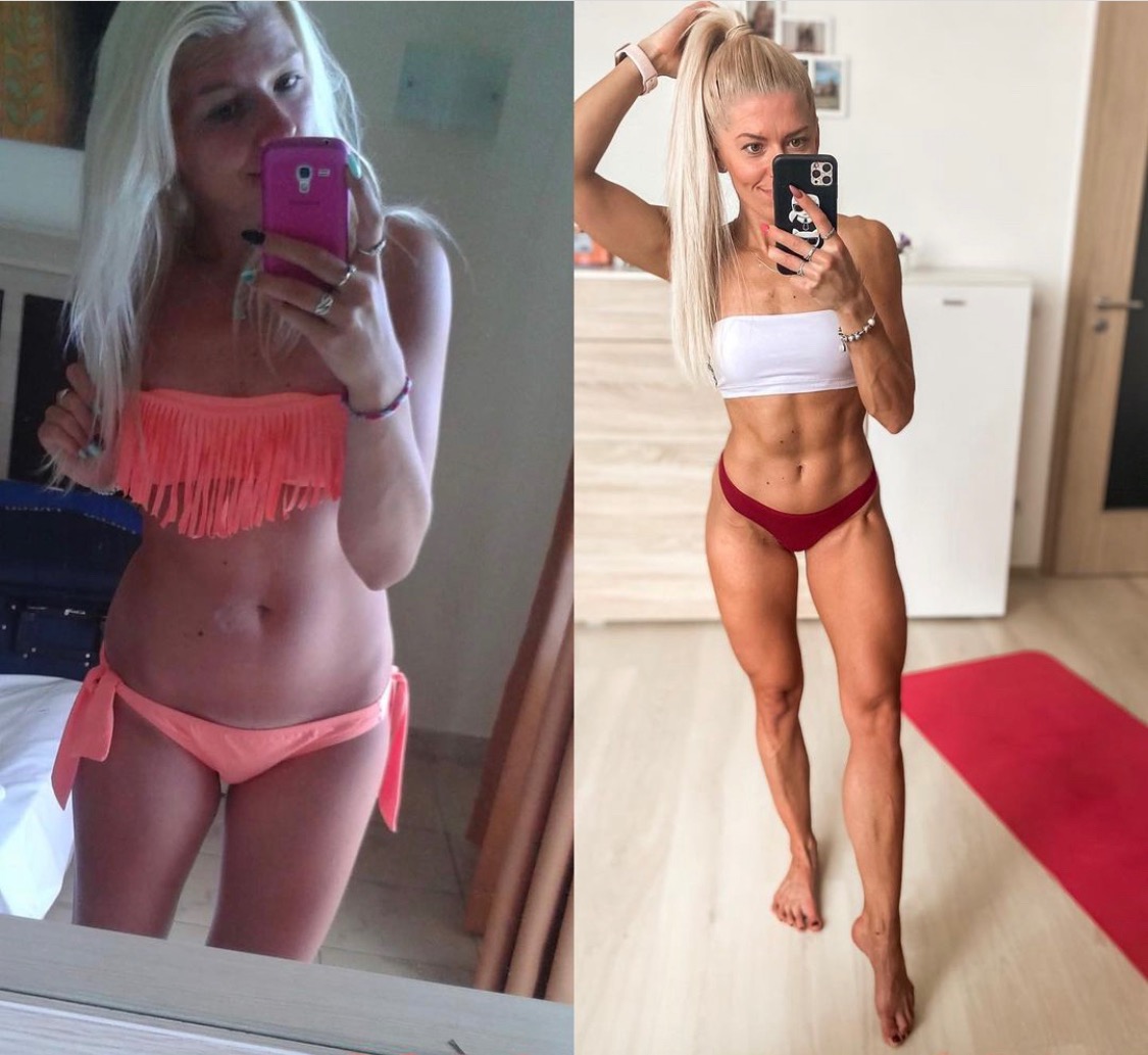 Kobieta prezentuje transformację sylwetki: zdjęcie po lewej przedstawia ciało przed, a po prawej - po treningach i diecie, z widocznymi mięśniami brzucha i nóg.